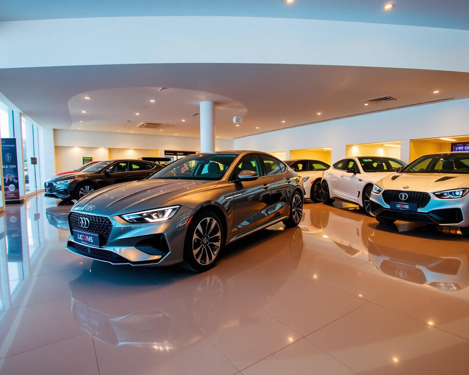 Showroom automóvel moderno com várias viaturas em exposição