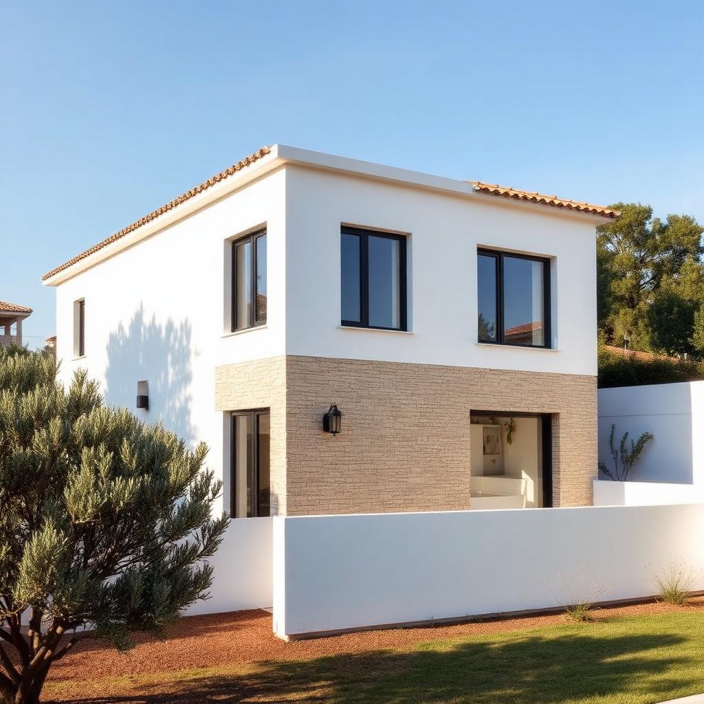 Moradia contemporânea portuguesa com fachada em pedra natural e reboco branco