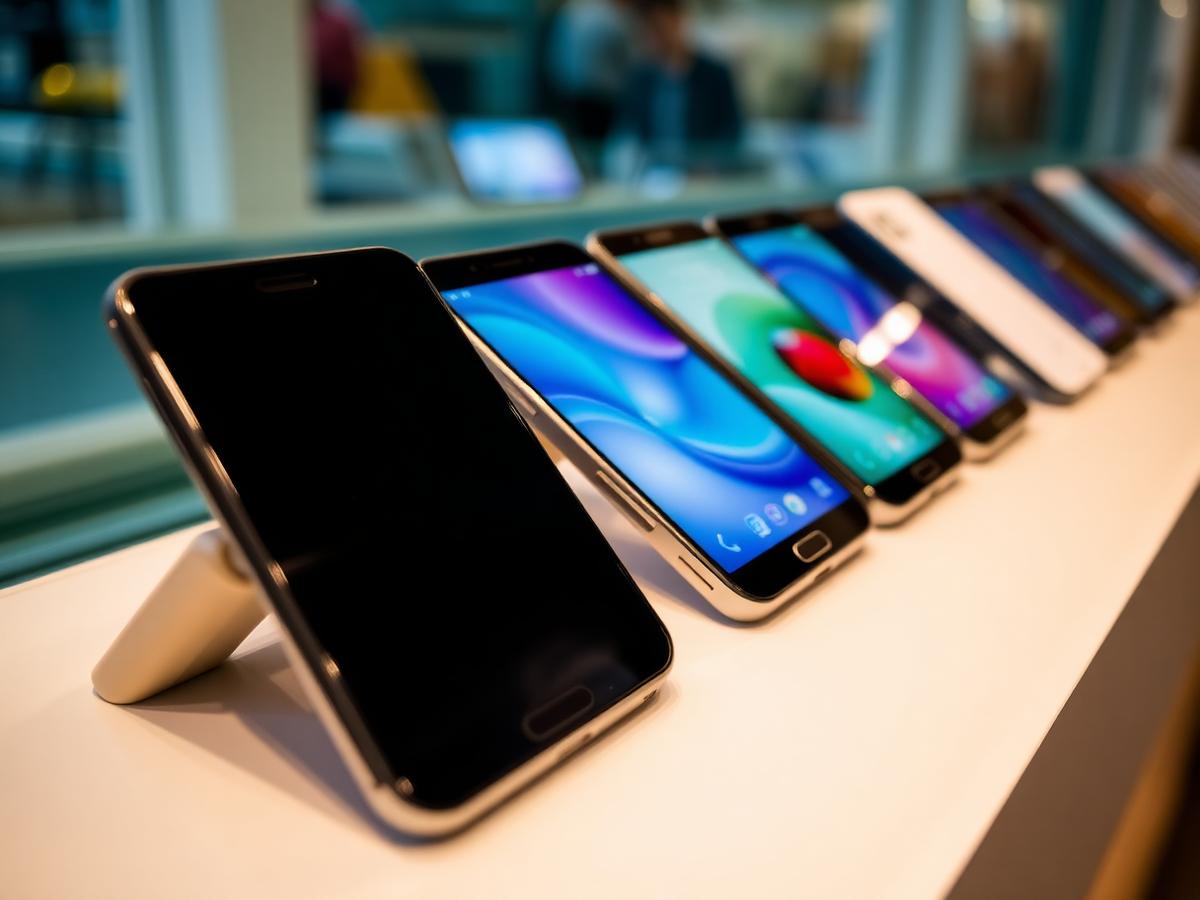 Alinhamento de smartphones de várias marcas num expositor de retalho